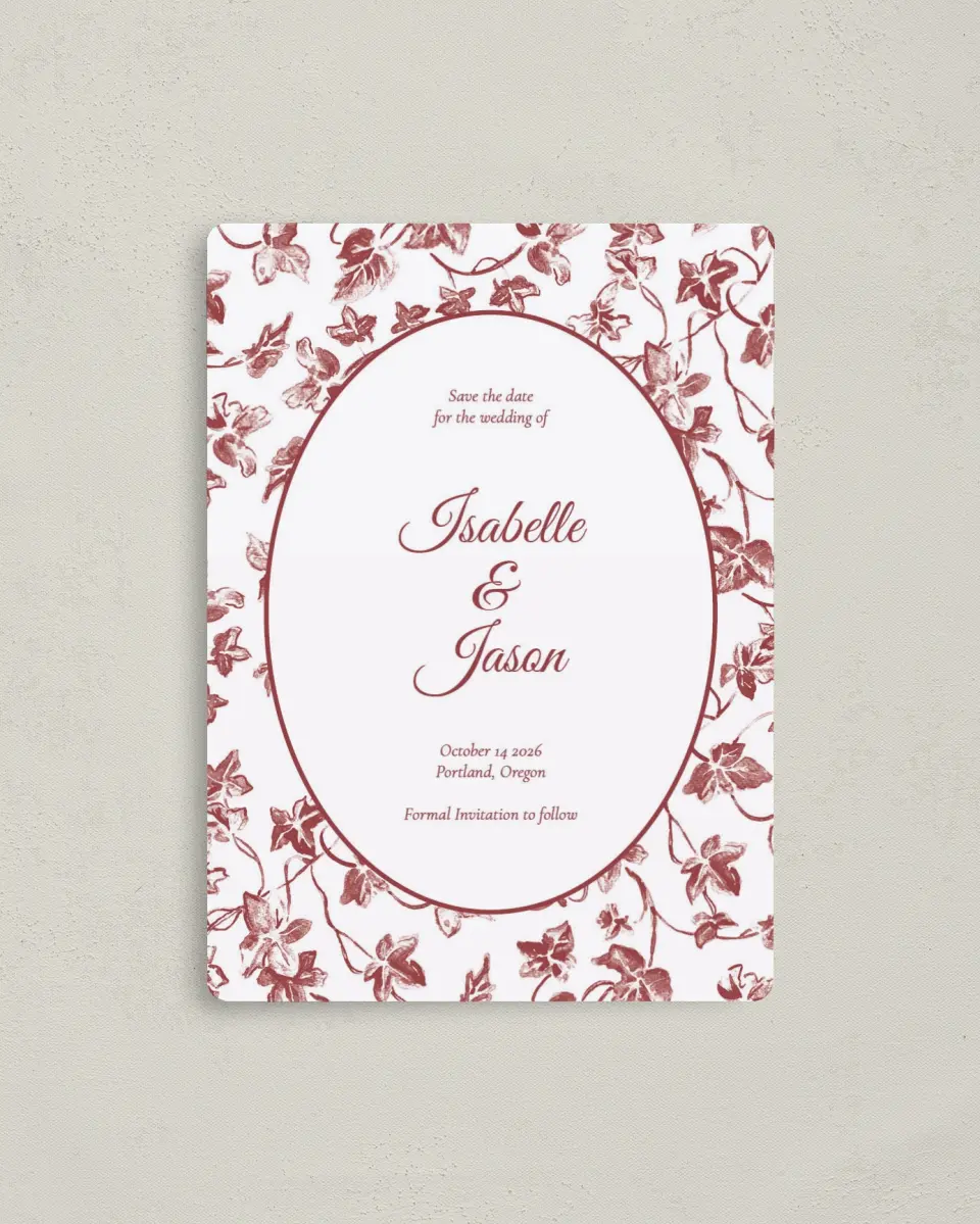 This is a 4" x 5½" Save the Date Magnet called Elegant Autumn printed in full color with a Luxe Satin finish