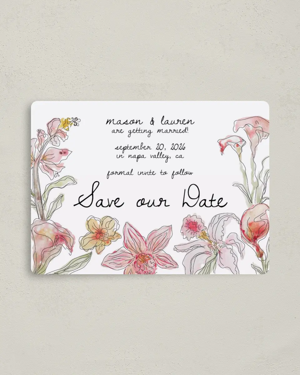 This is a 4" x 5½" Save the Date Magnet called Forever Bud printed in full color with a Luxe Satin finish