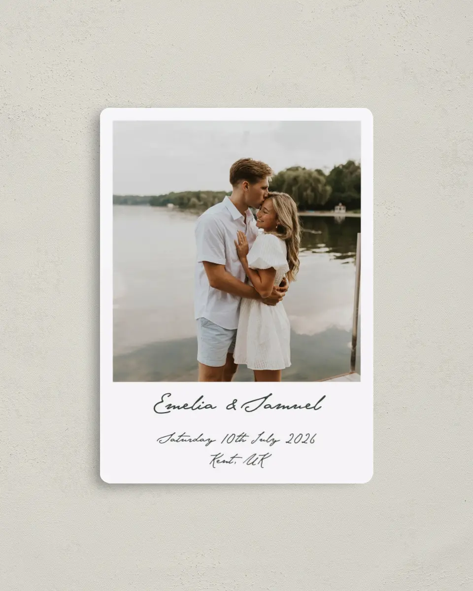 This is a 4" x 5½" Save the Date Magnet called With Love printed in full color with a Luxe Satin finish