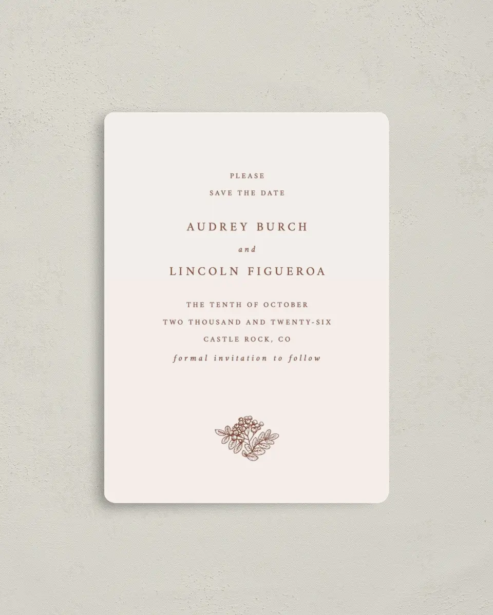 This is a 4" x 5½" Save the Date Magnet called Autumn Vow printed in full color with a Luxe Satin finish