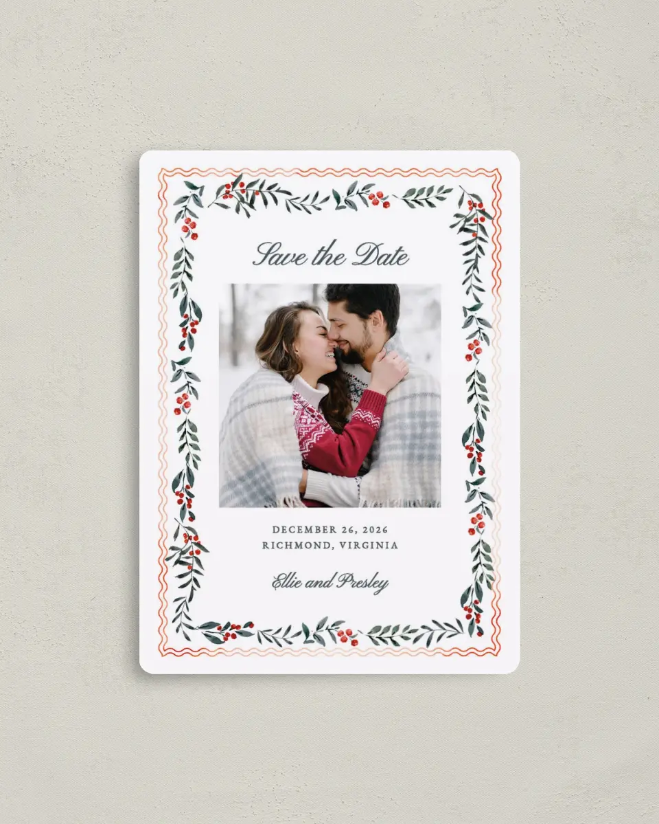 This is a 4" x 5½" Save the Date Magnet called Heirloom Holly printed in full color with Rose Gold foil and a Luxe Satin finish