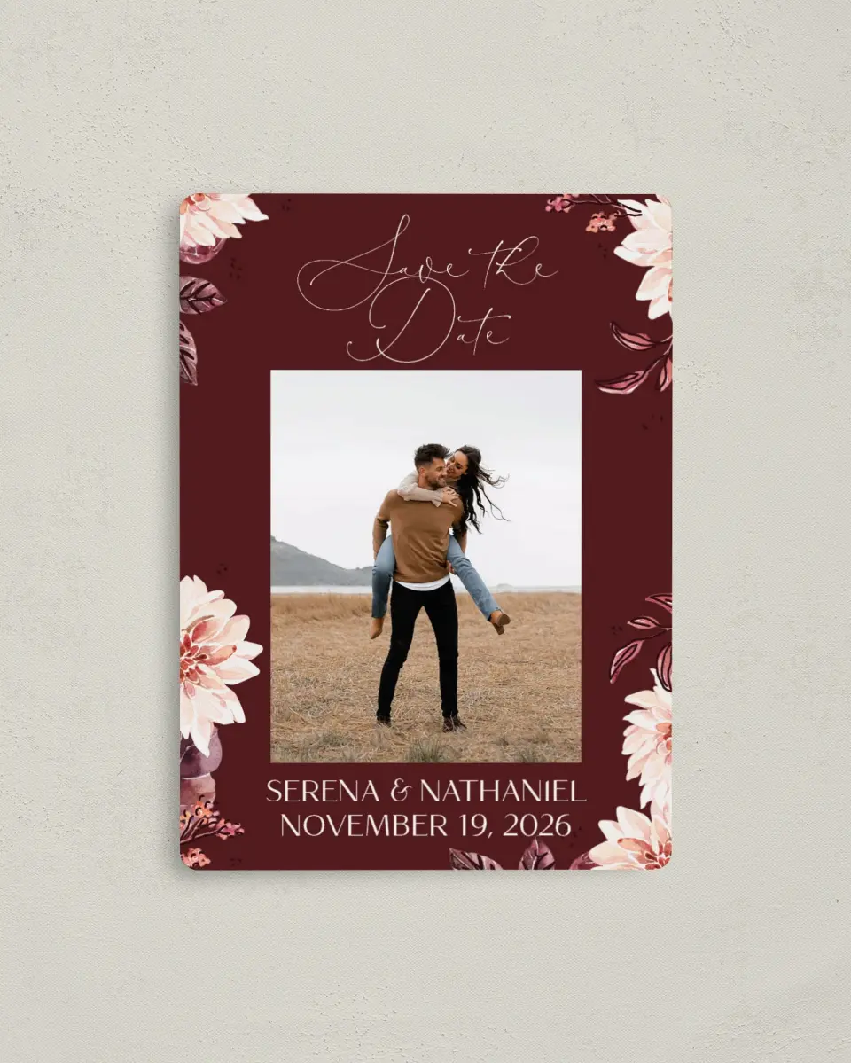 This is a 4" x 5½" Save the Date Magnet called Fall Florals printed in full color with a Luxe Satin finish