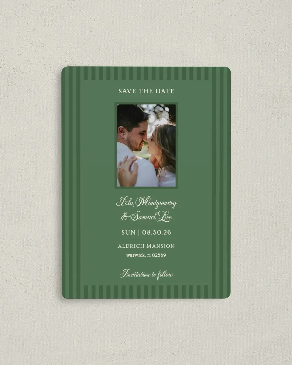 This is a 4" x 5½" Save the Date Magnet called Warwick printed in full color with a Luxe Satin finish