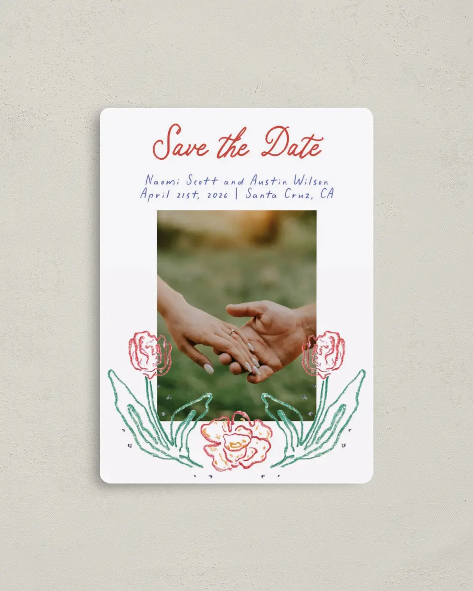This is a 4" x 5½" Save the Date Magnet called Whimsy Love printed in full color with a Luxe Satin finish