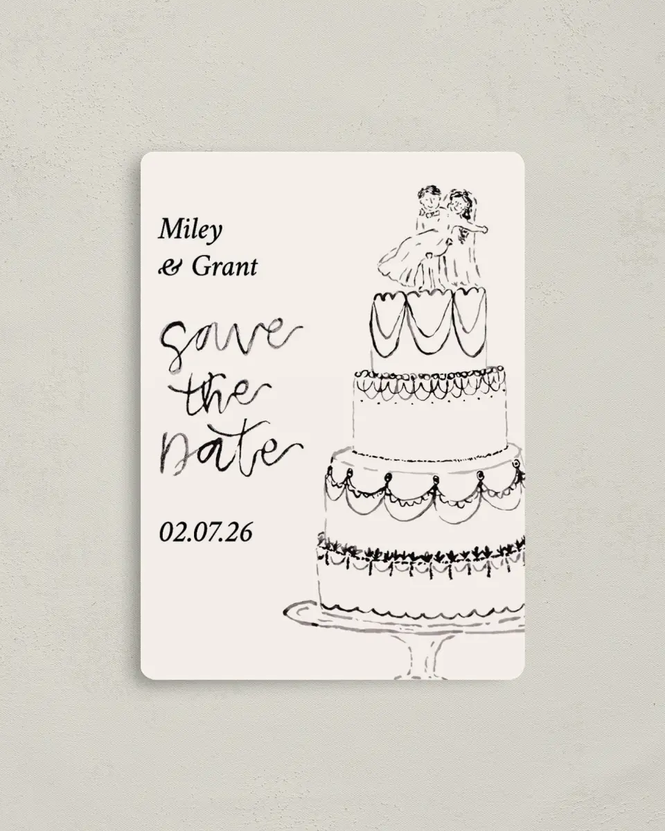 This is a 4" x 5½" Save the Date Magnet called Mi Amor printed in full color with a Luxe Satin finish