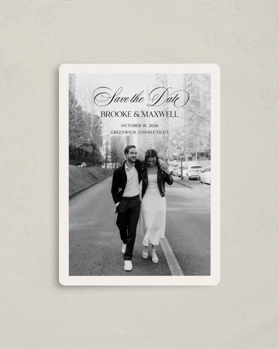 This is a 4" x 5½" Save the Date Magnet called Greenwich printed in full color with a Luxe Satin finish