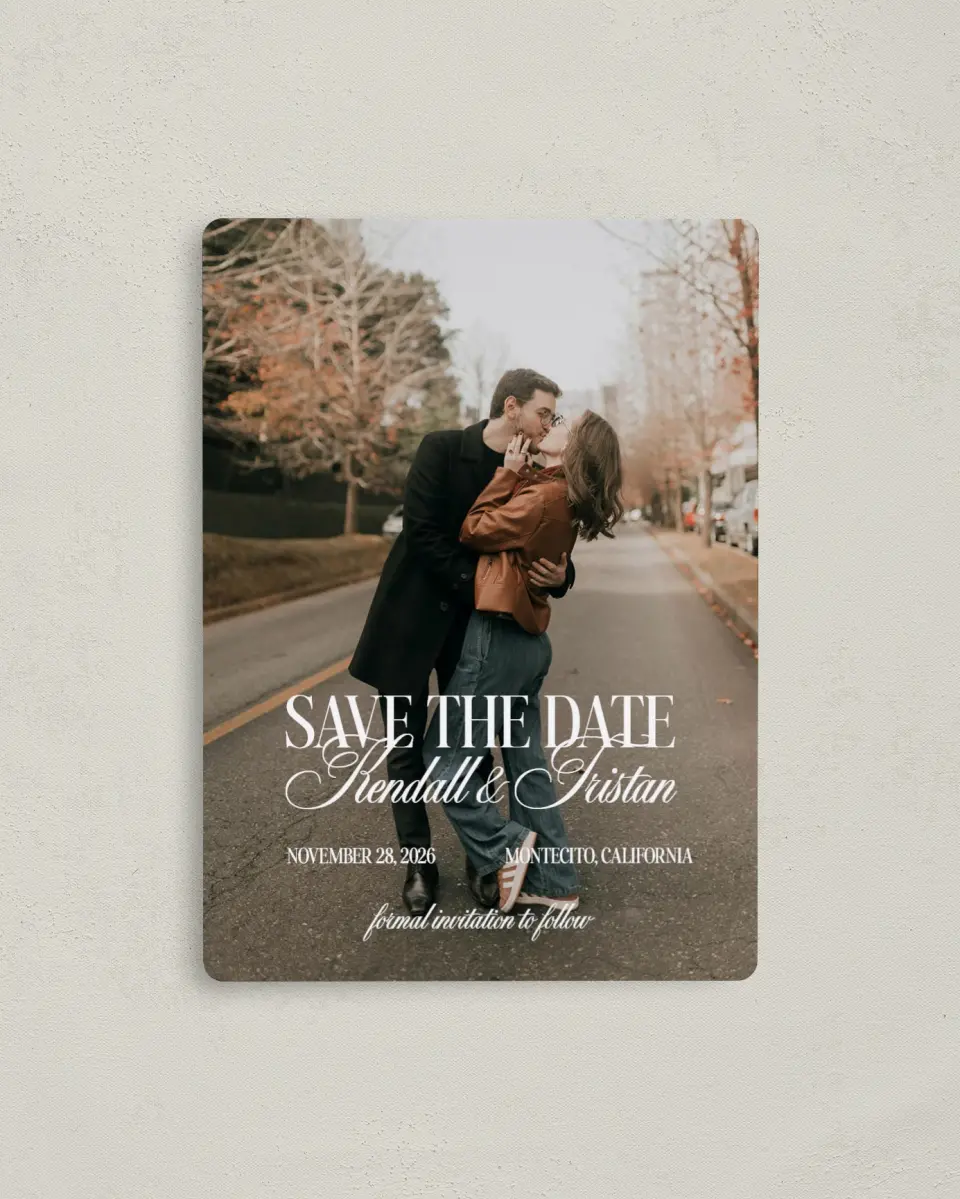 This is a 4" x 5½" Save the Date Magnet called Montecito printed in full color with a Luxe Satin finish