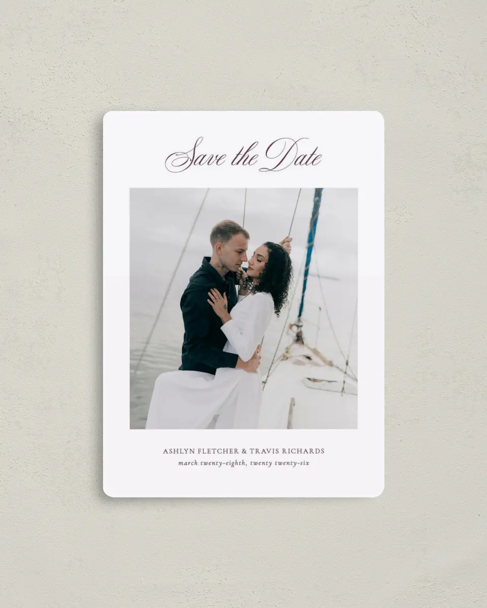 This is a 4" x 5½" Save the Date Magnet called Georgetown printed in full color with a Luxe Satin finish