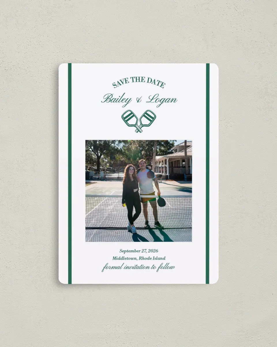 This is a 4" x 5½" Save the Date Magnet called Serving Up Forever printed in full color with Rose Gold foil and a Luxe Satin finish