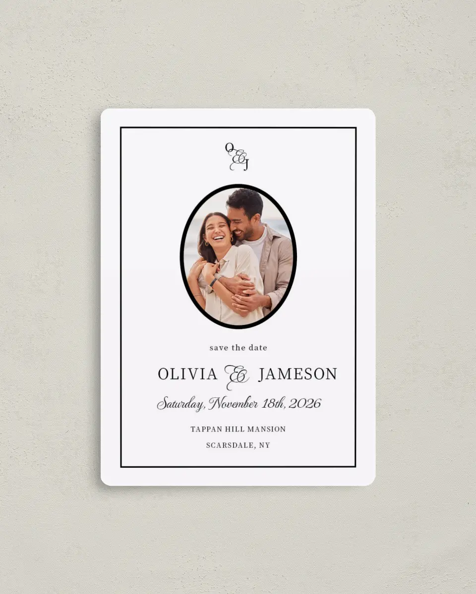This is a 4" x 5½" Save the Date Magnet called Scarsdale printed in full color with a Luxe Satin finish