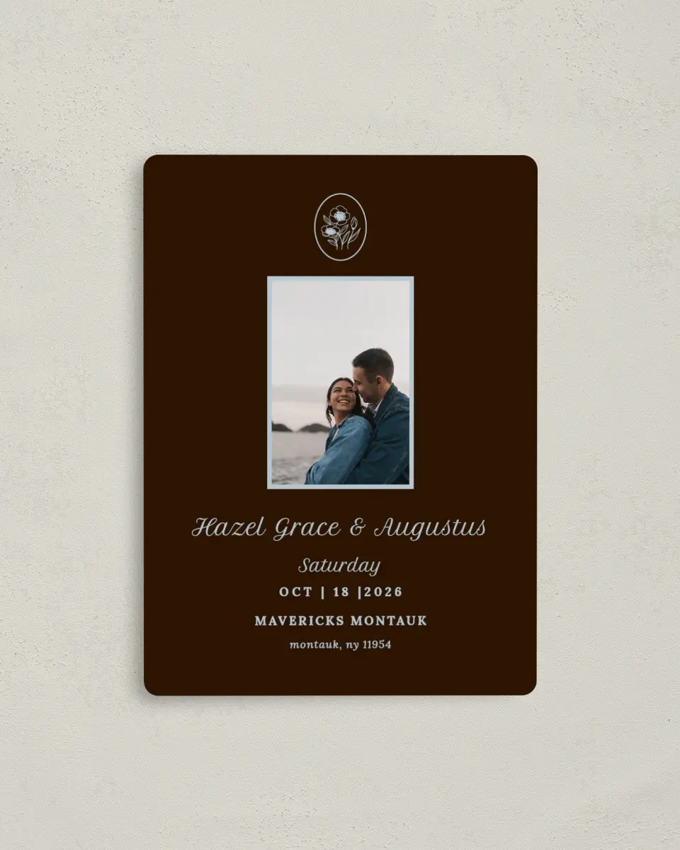 This is a 4" x 5½" Save the Date Magnet called Montauk printed in full color with a Luxe Satin finish