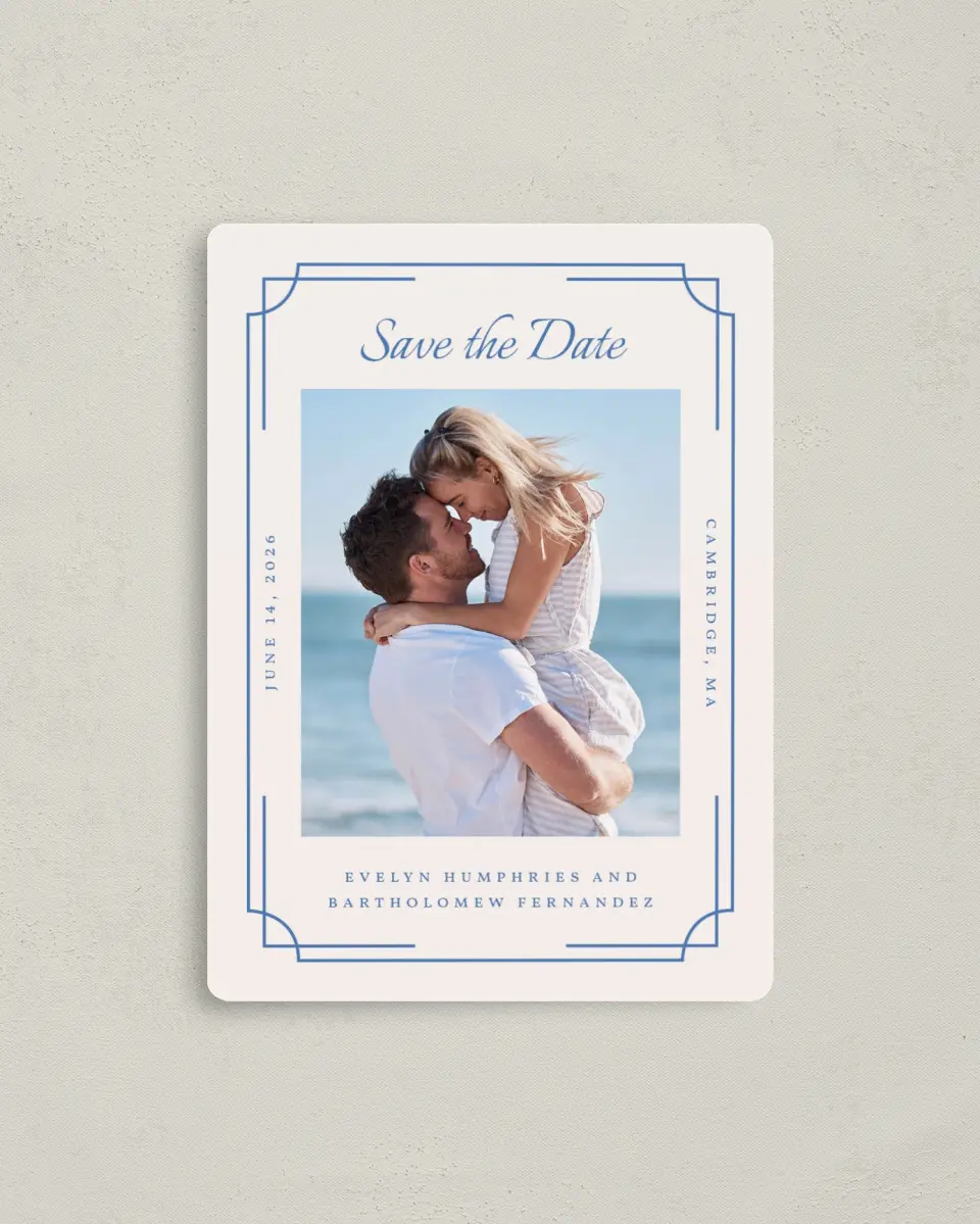 This is a 4" x 5½" Save the Date Magnet called Cambridge printed in full color with a Luxe Satin finish