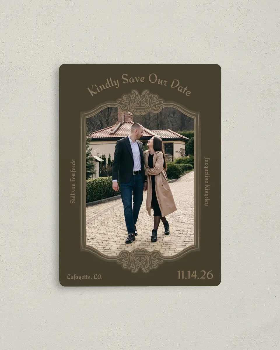 This is a 4" x 5½" Save the Date Magnet called Lafayette printed in full color with a Luxe Satin finish