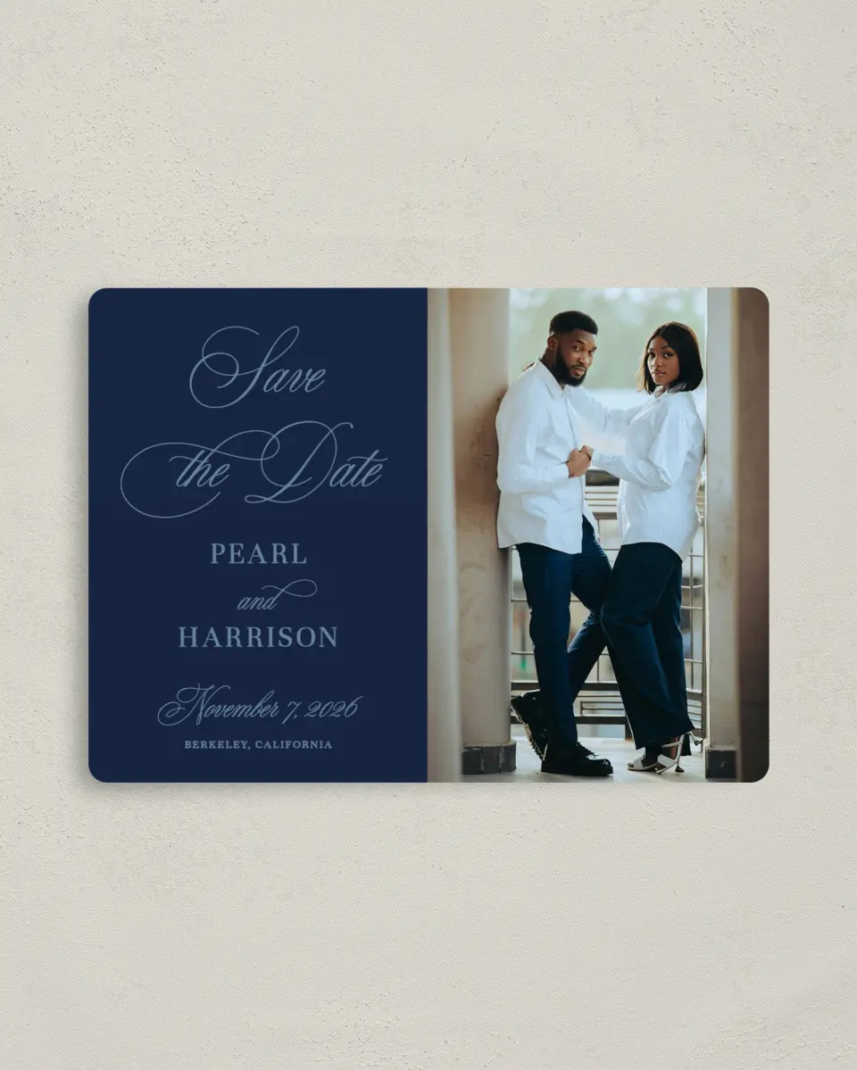 This is a 4" x 5½" Save the Date Magnet called Berkeley printed in full color with a Luxe Satin finish