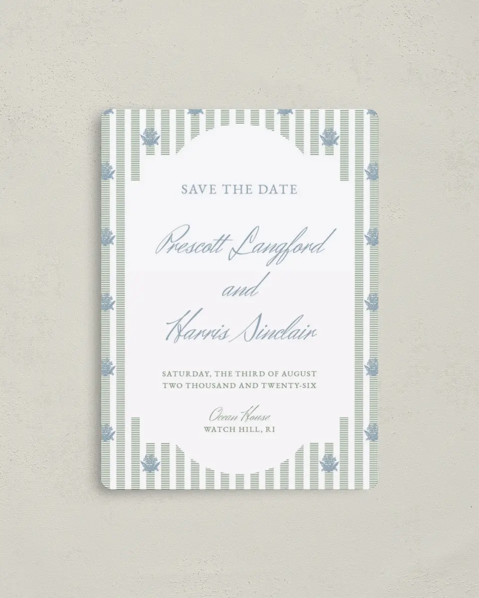 This is a 4" x 5½" Save the Date Magnet called Watch Hill printed in full color with a Luxe Satin finish