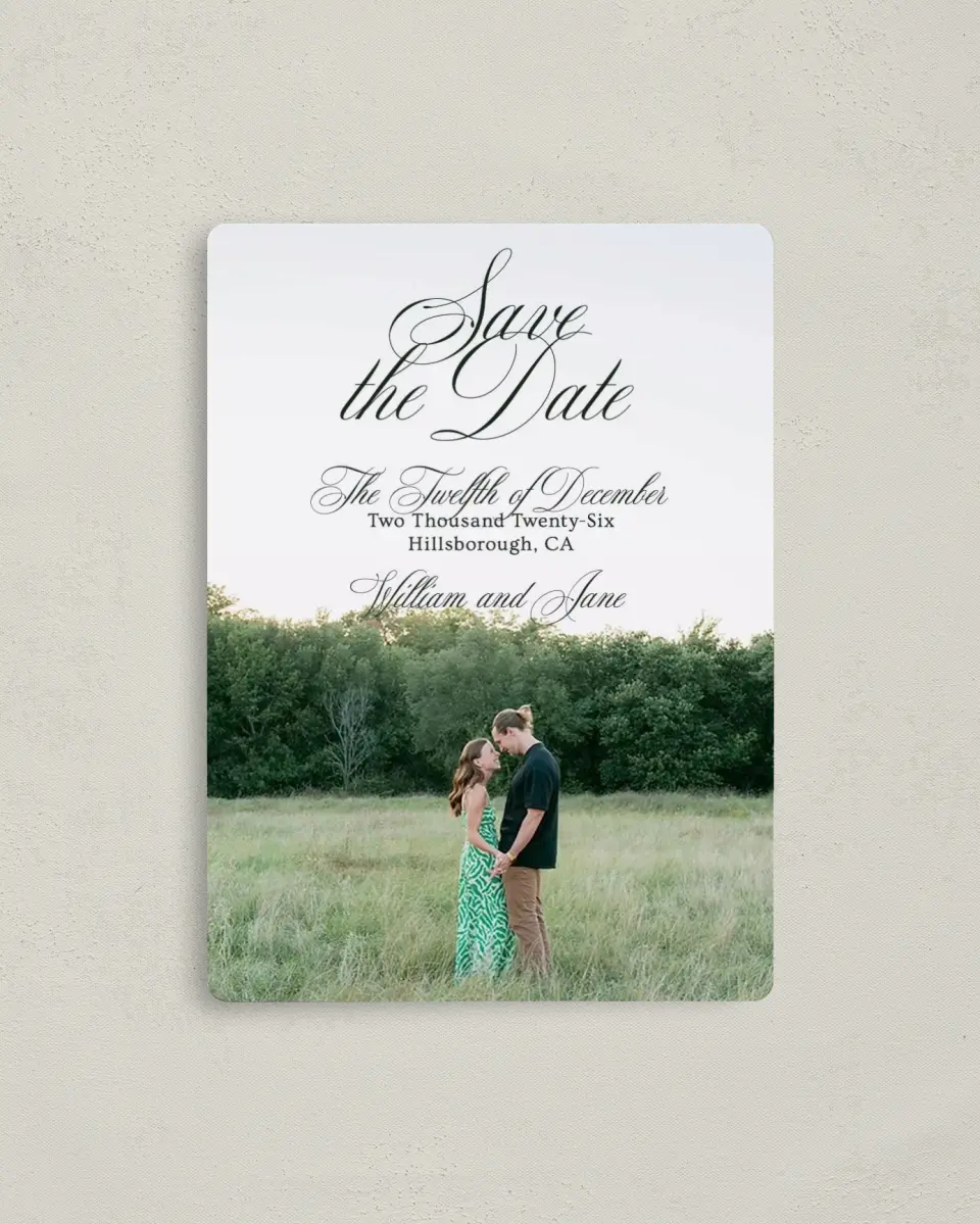 This is a 4" x 5½" Save the Date Magnet called Hillsborough printed in full color with a Luxe Satin finish