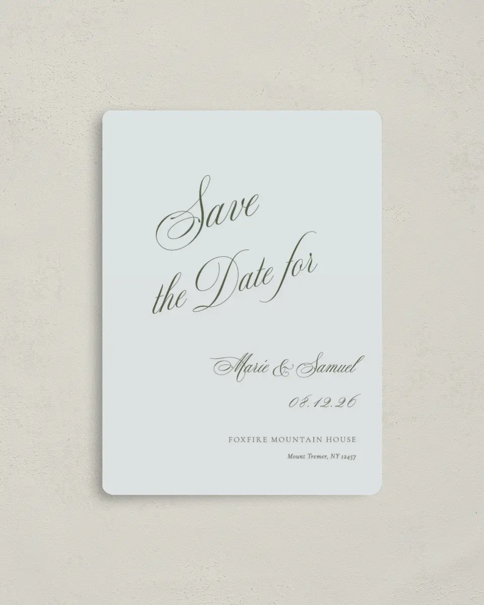 This is a 4" x 5½" Save the Date Magnet called Foxfire printed in full color with a Luxe Satin finish