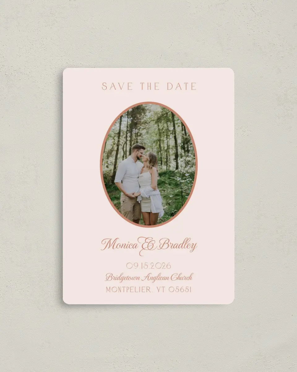 This is a 4" x 5½" Save the Date Magnet called Bridgetown printed in full color with a Luxe Satin finish