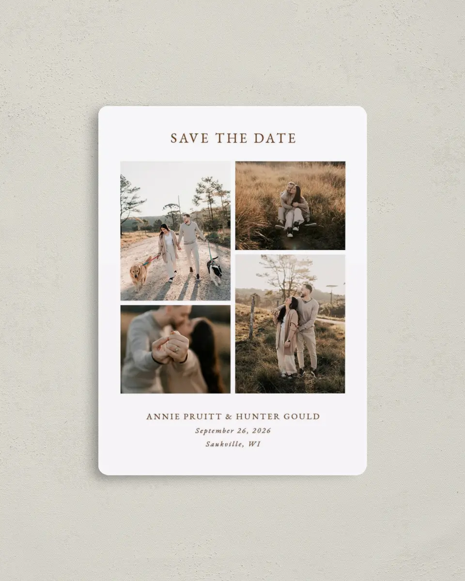 This is a 4" x 5½" Save the Date Magnet called Cedarhill Crossing printed in full color with a Luxe Satin finish