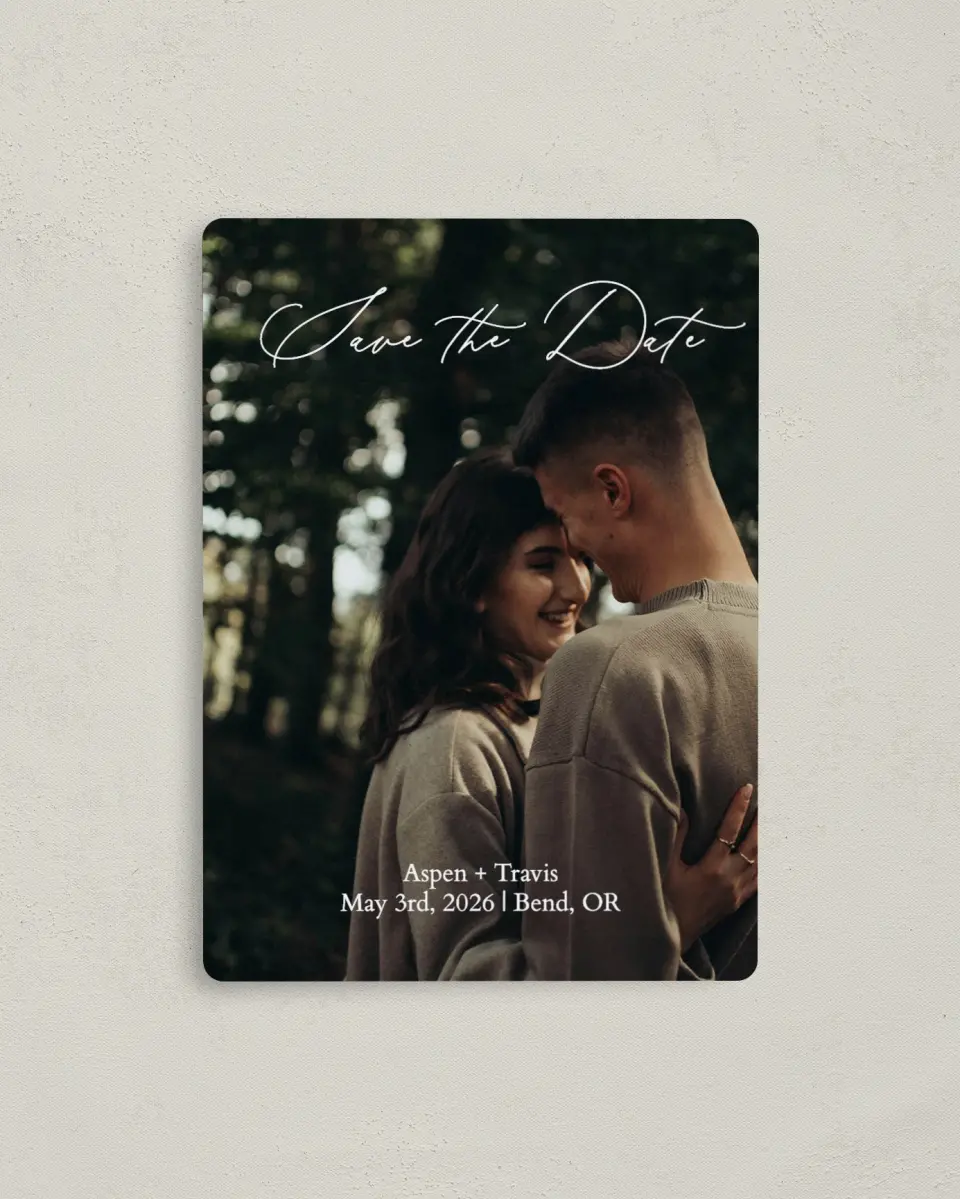This is a 4" x 5½" Save the Date Magnet called Willowmere printed in full color with a Luxe Satin finish