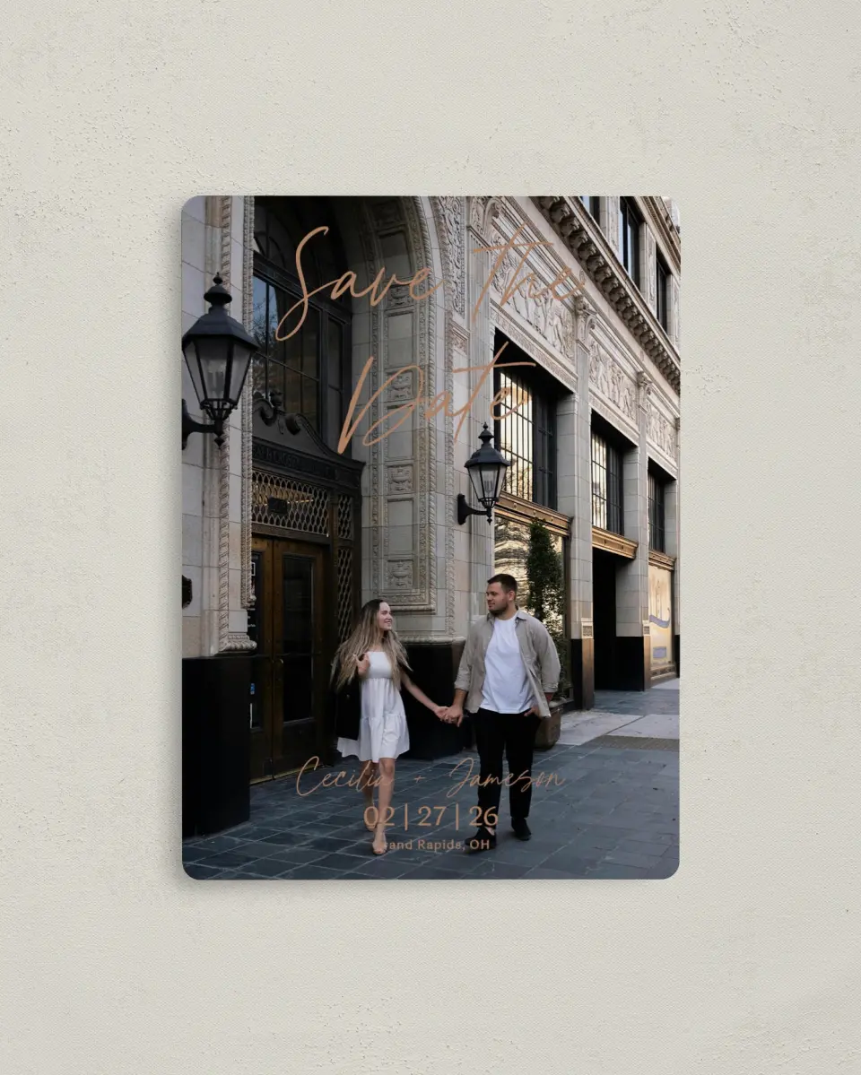This is a 4" x 5½" Save the Date Magnet called Nazareth & Stone printed in full color with a Luxe Satin finish