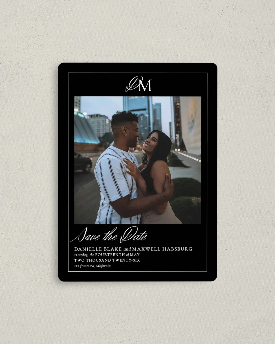 This is a 4" x 5½" Save the Date Magnet called Commonwealth Club printed in full color with a Luxe Satin finish