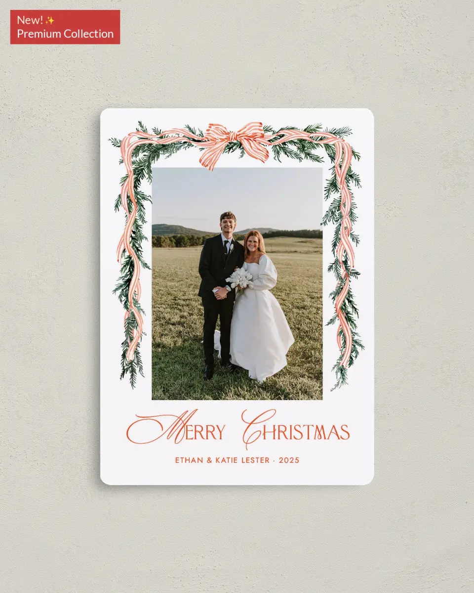 This is a 4" x 5½" Christmas Card called Trimmed Tidings printed in full color with Silver foil and a Luxe Satin finish