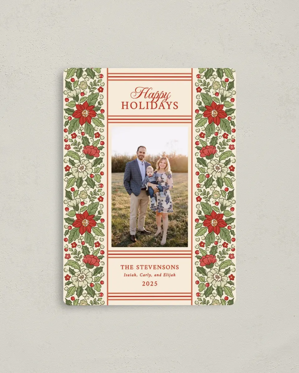 This is a 4" x 5½" Christmas Card called Floral Christmas printed in full color with a Luxe Satin finish