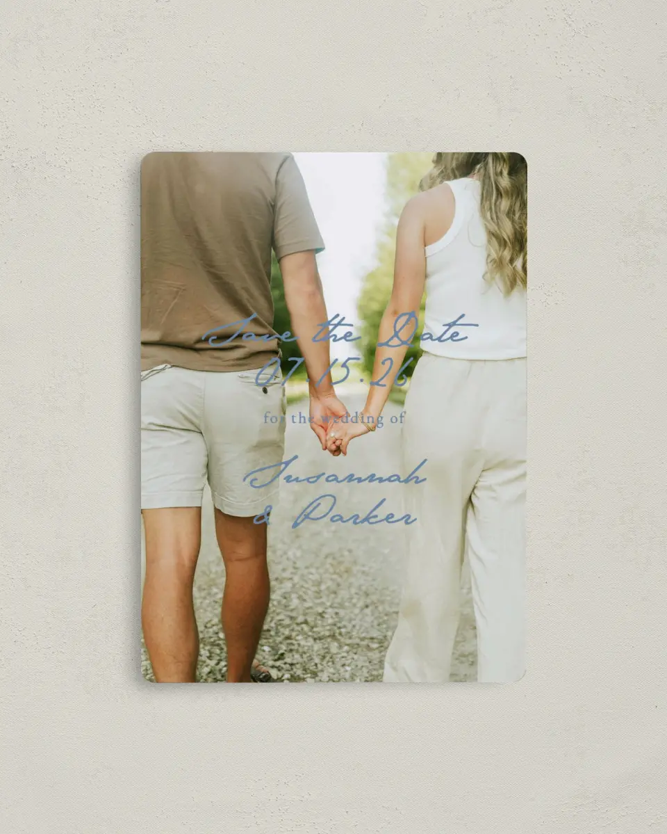 This is a 4" x 5½" Save the Date Magnet called Rosewood printed in full color with a Luxe Satin finish