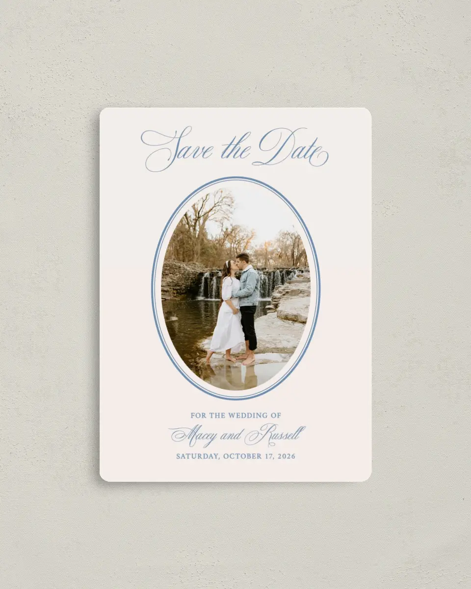 This is a 4" x 5½" Save the Date Magnet called Vintage Reverie printed in full color with a Luxe Satin finish