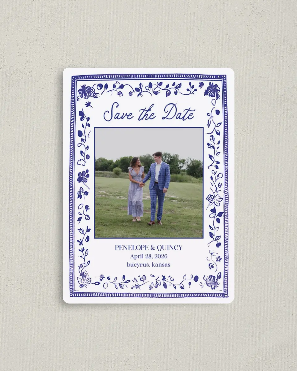 This is a 4" x 5½" Save the Date Magnet called Storybook Garden printed in full color with a Luxe Satin finish