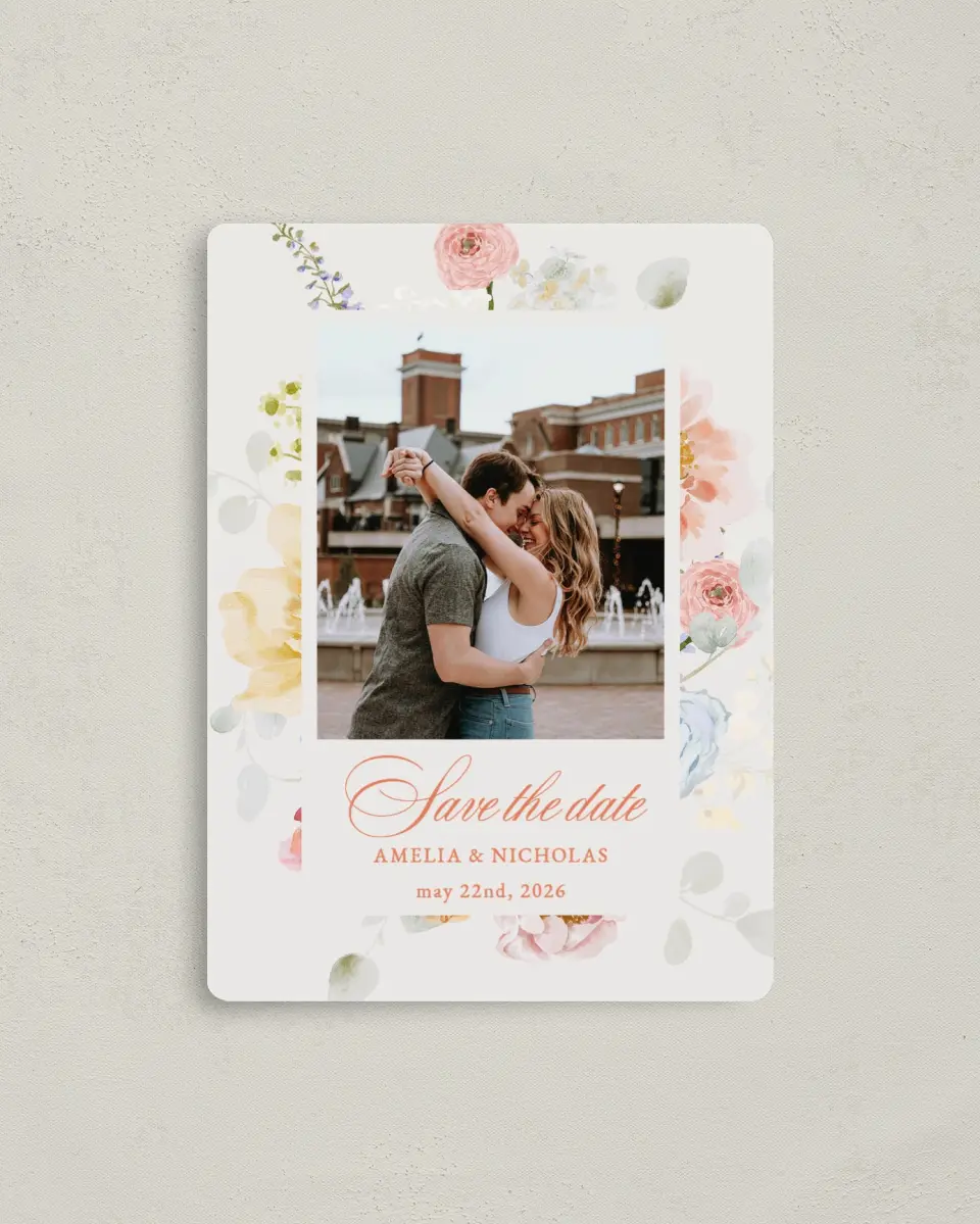 This is a 4" x 5½" Save the Date Magnet called Forever Favorite printed in full color with a Luxe Satin finish