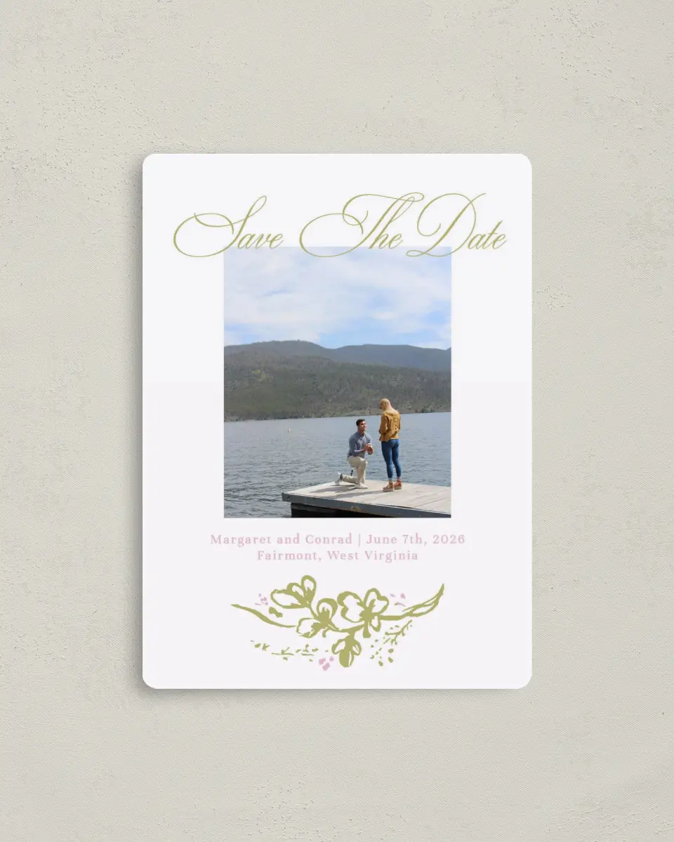 This is a 4" x 5½" Save the Date Magnet called Evening in Bloom printed in full color with a Luxe Satin finish