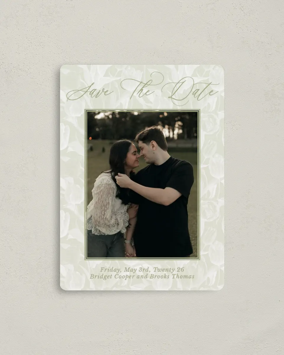 This is a 4" x 5½" Save the Date Magnet called Timeless Tulips printed in full color with a Luxe Satin finish