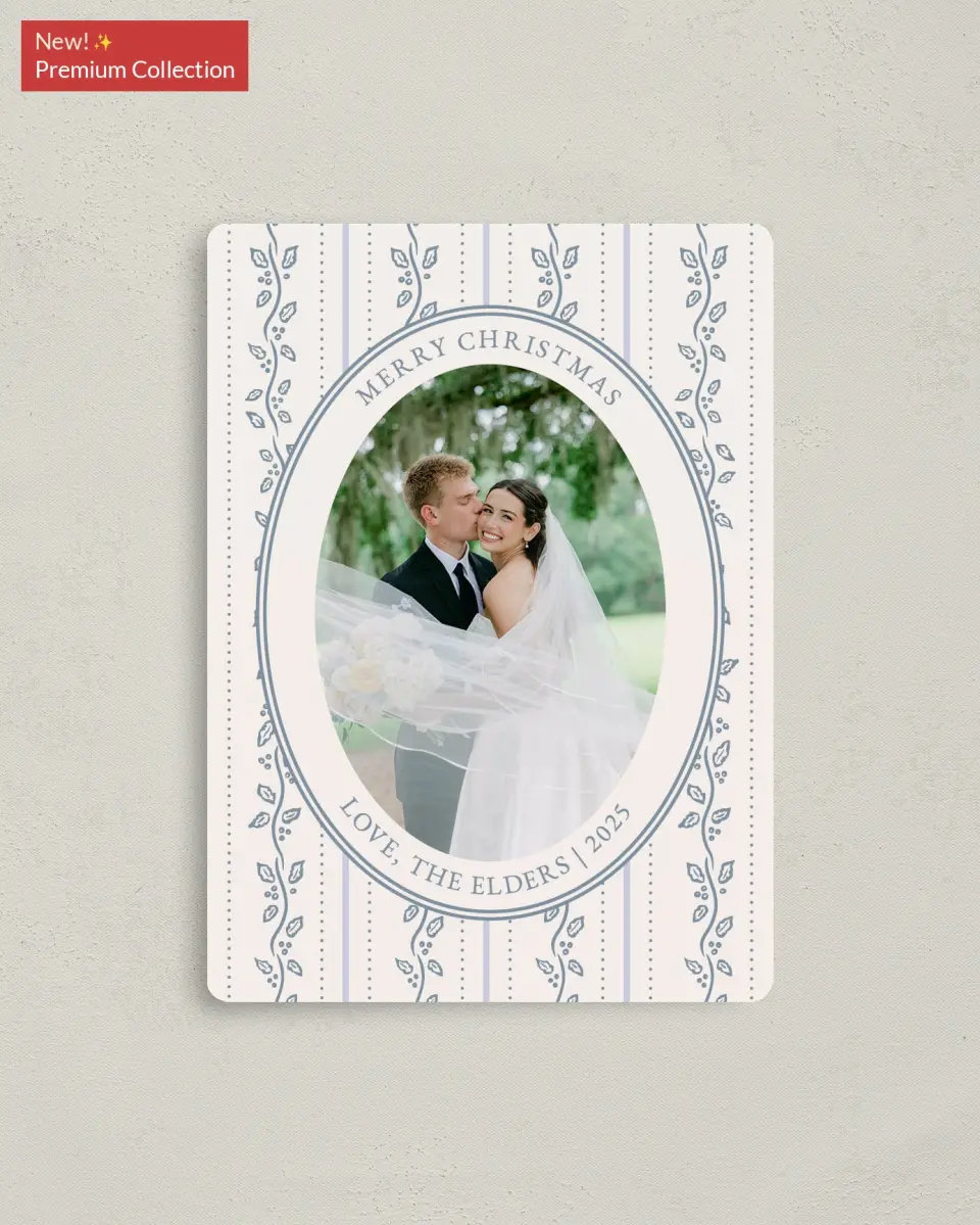 This is a 4" x 5½" Christmas Card called Petal and Pine printed in full color with Gold foil and a Luxe Satin finish