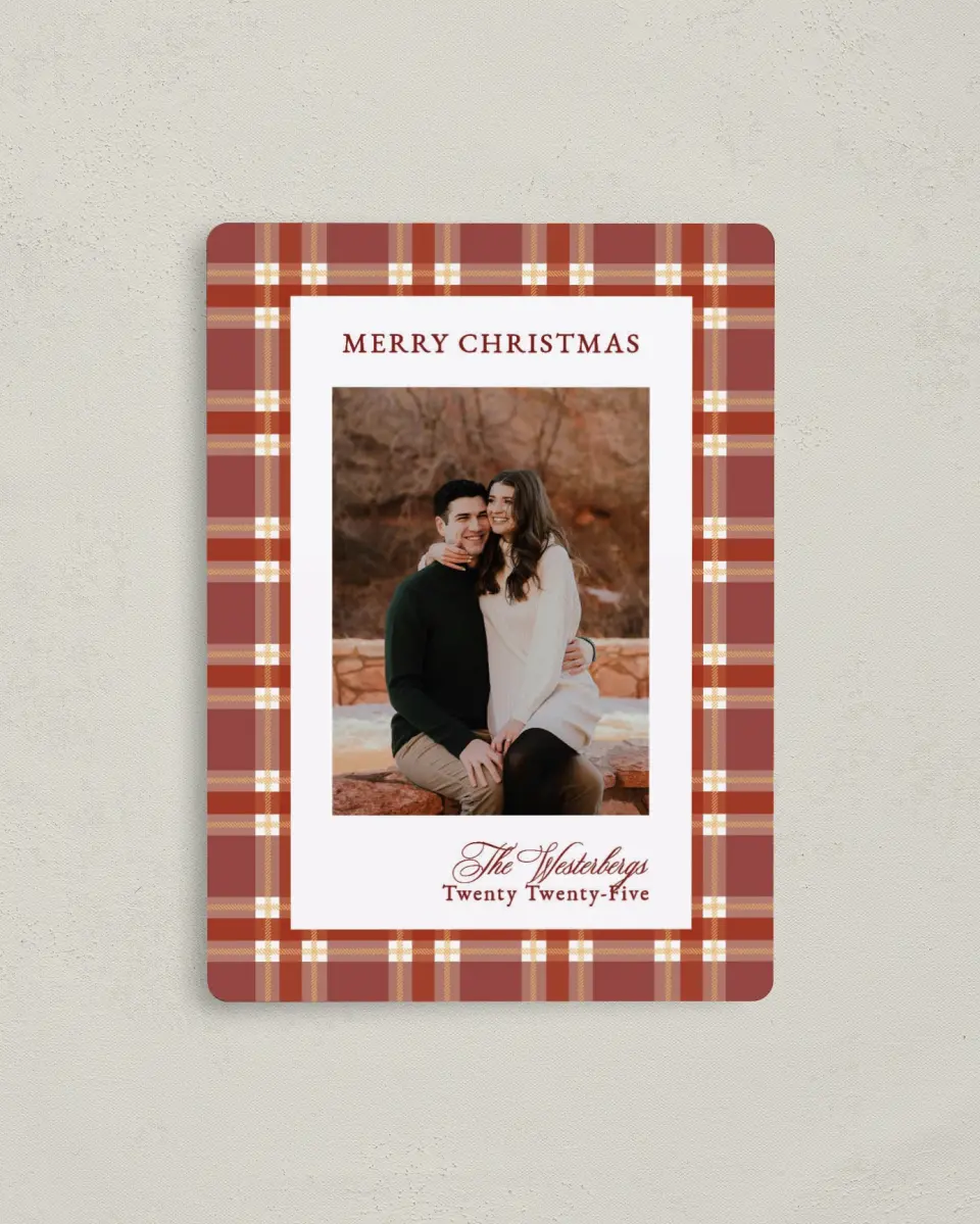 This is a 4" x 5½" Christmas Card called Plaid Tidings printed in full color with Silver foil and a Luxe Satin finish