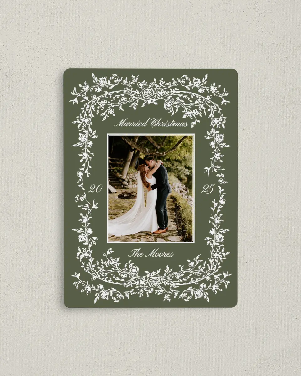 This is a 4" x 5½" Christmas Card called Wedded Wishes printed in full color with Silver foil and a Luxe Satin finish