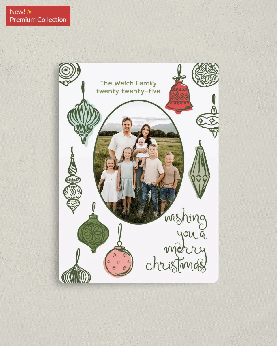 This is a 4" x 5½" Christmas Card called Baubled Boughs printed in full color with Gold foil and a Luxe Satin finish