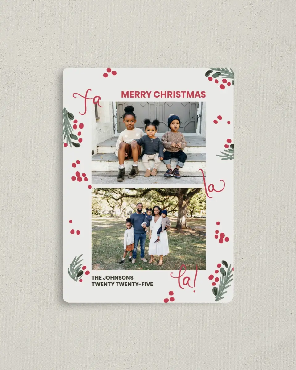 This is a 4" x 5½" Christmas Card called Fa La Fun printed in full color with Silver foil and a Luxe Satin finish