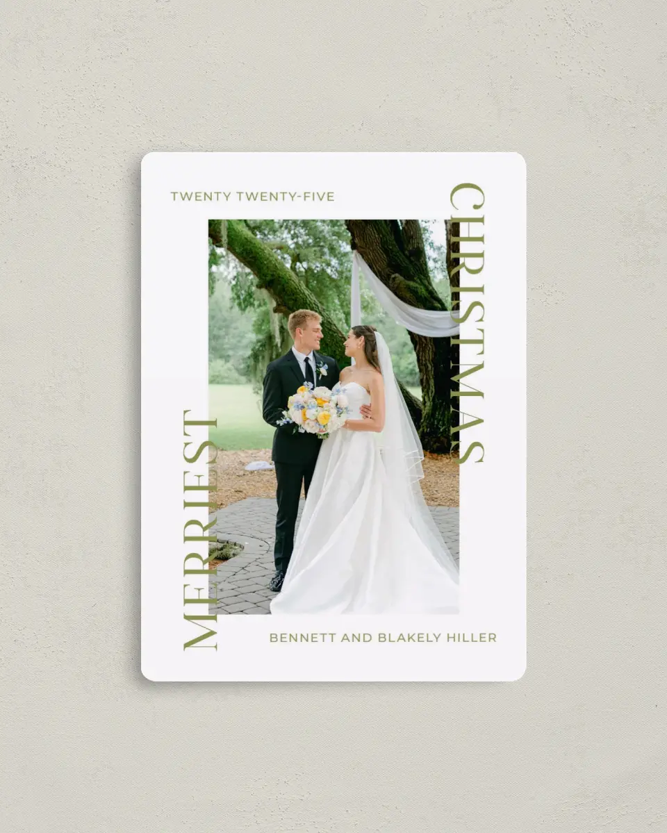 This is a 4" x 5½" Christmas Card called Our Merriest Christmas printed in full color with a Luxe Satin finish