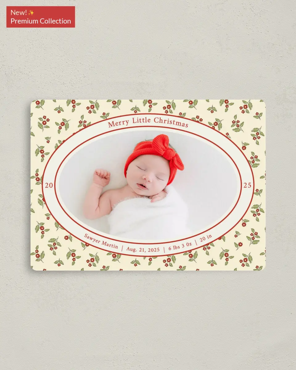 This is a 4" x 5½" Christmas Card called First Christmas printed in full color with Silver foil and a Luxe Satin finish