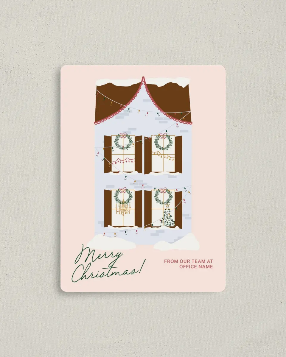 This is a 4" x 5½" Christmas Card called Holiday Home printed in full color with Rose Gold foil and a Luxe Satin finish