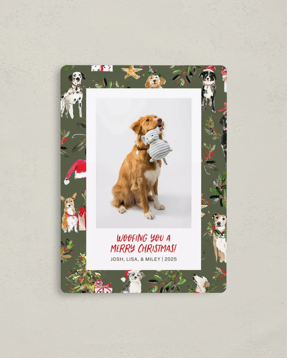 This is a 4" x 5½" Christmas Card called Woofing You Christmas printed in full color with Silver foil and a Luxe Satin finish