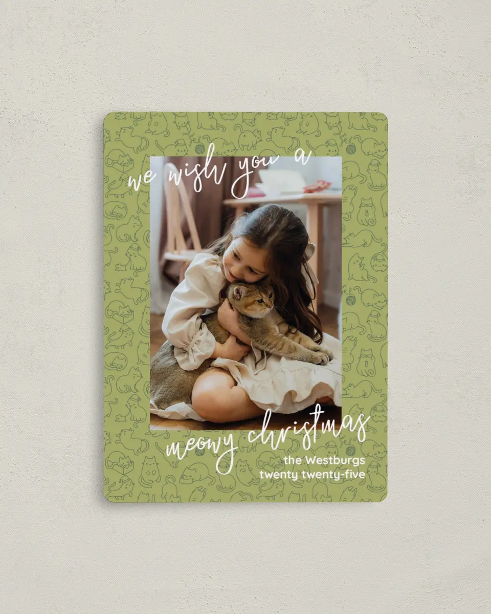 This is a 4" x 5½" Christmas Card called Meowy Christmas printed in full color with a Luxe Satin finish