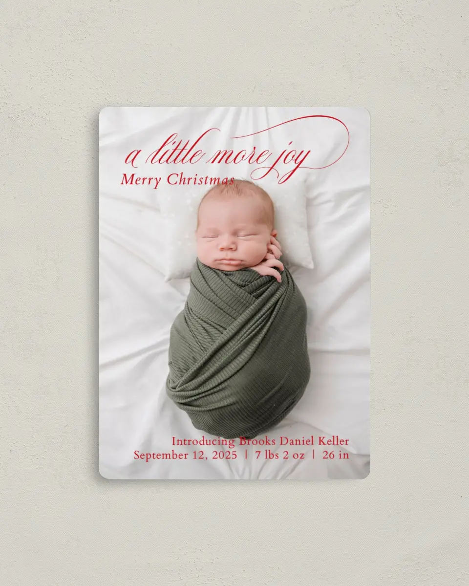 This is a 4" x 5½" Christmas Card called Little More Joy printed in full color with a Luxe Satin finish