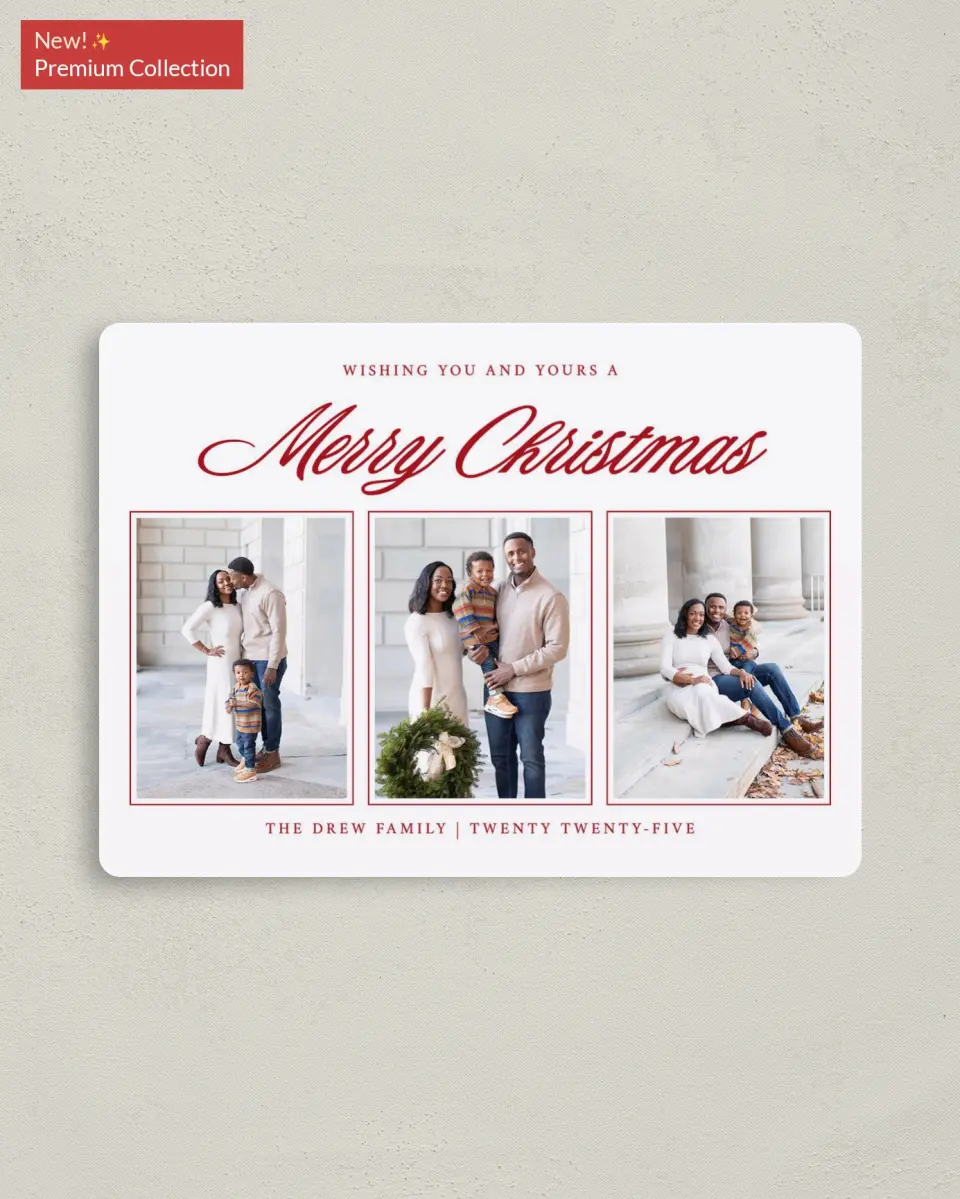 This is a 4" x 5½" Christmas Card called Merry and Minimal printed in full color with Gold foil and a Luxe Satin finish