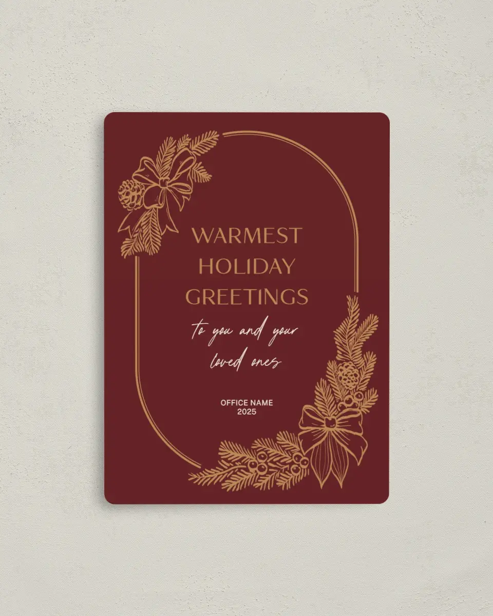 This is a 4" x 5½" Christmas Card called Warm Greetings printed in full color with Gold foil and a Luxe Satin finish