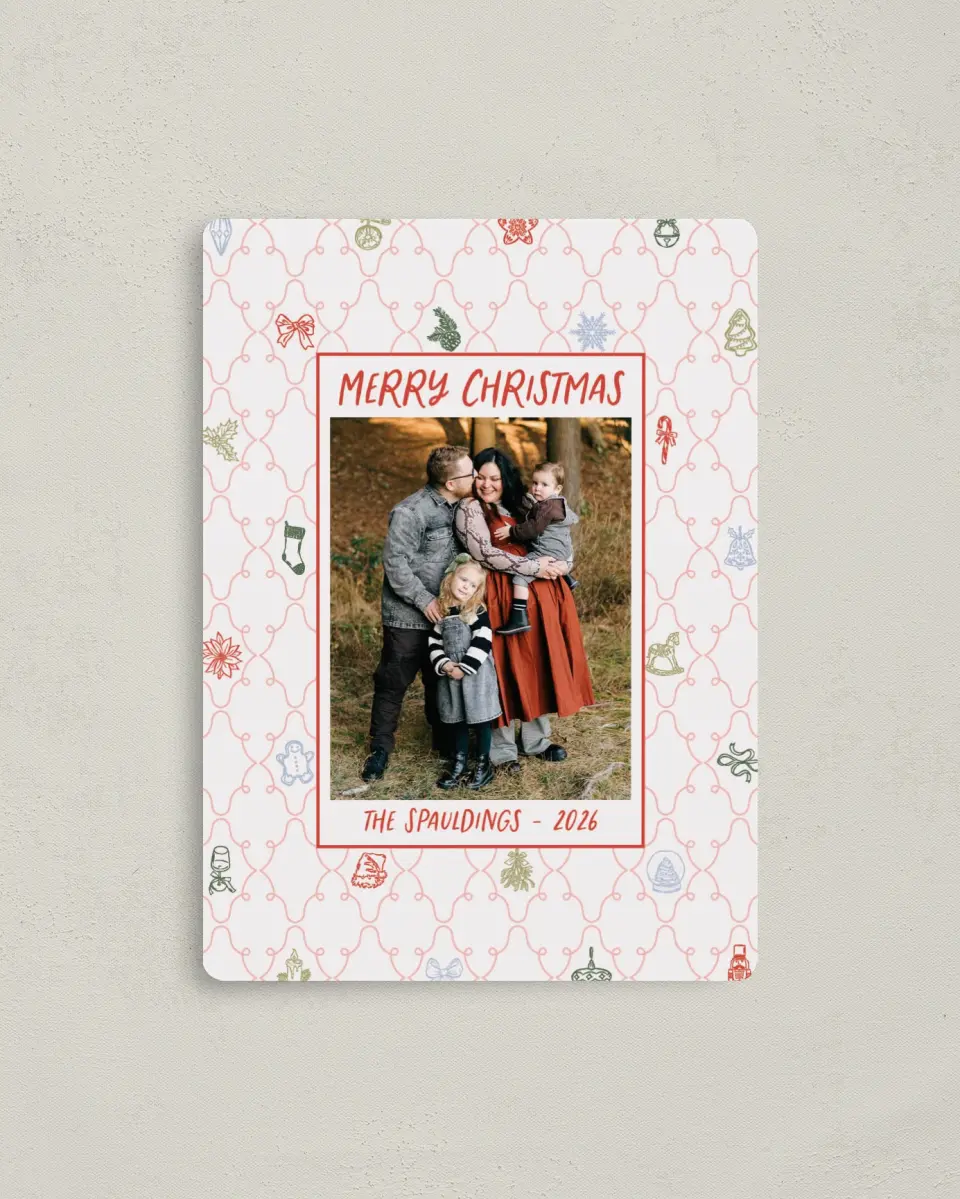 This is a 4" x 5½" Christmas Card called Festive & Merry printed in full color with Silver foil and a Luxe Satin finish