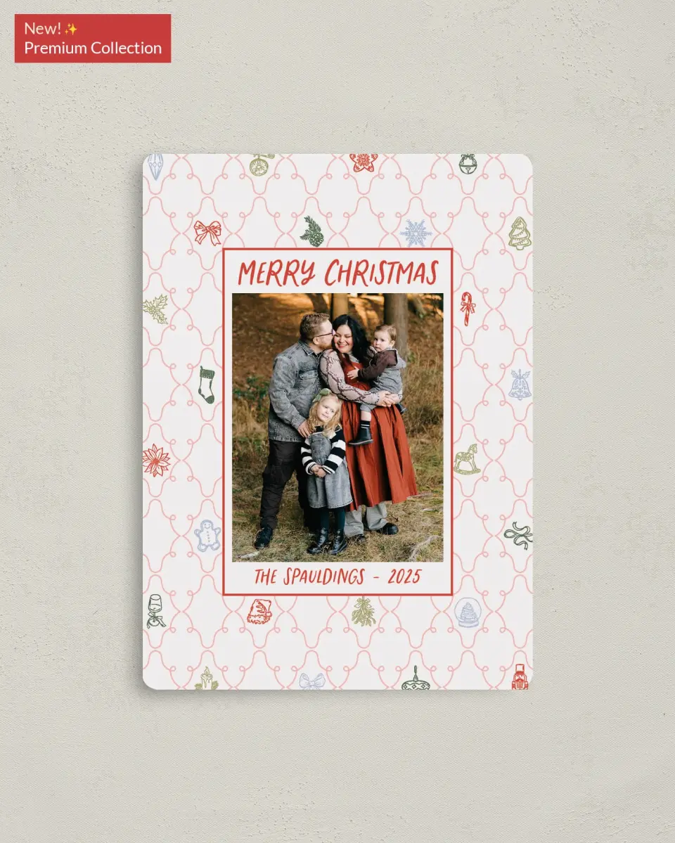 This is a 4" x 5½" Christmas Card called Festive & Merry printed in full color with Gold foil and a Luxe Satin finish
