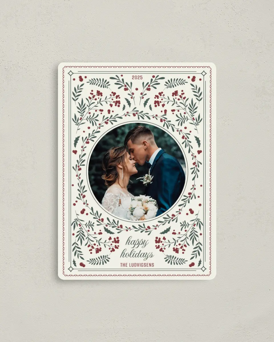 This is a 4" x 5½" Christmas Card called Ditsy Greens & Berries printed in full color with a Luxe Satin finish